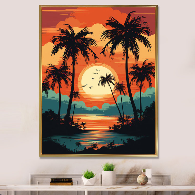 Soleil couchant sur des palmiers, illustration rétro sur toile, H 20 po x l 12 po, Cadre flottant doré