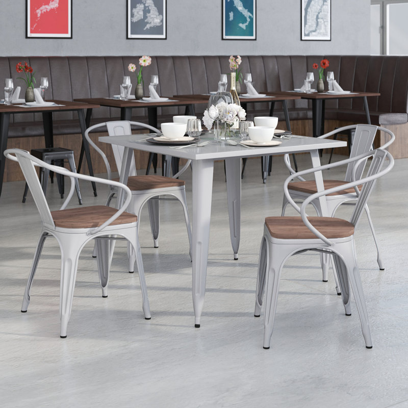 Kester 4 Pk. Metal Chair with Wood Seat and Arms, Silver