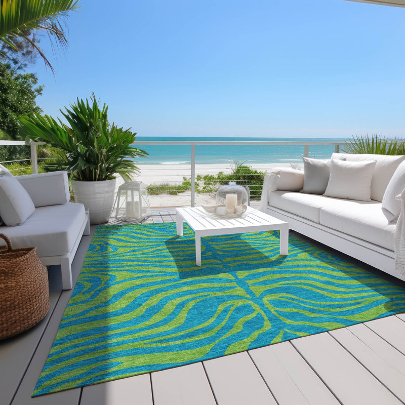 Teal and Green Zebra Pattern Washable Synthetic Area Rug