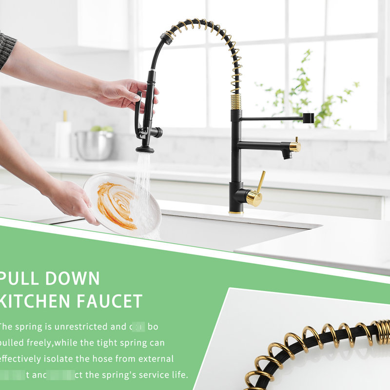 Robinet de cuisine contemporain noir et or avec douchette rétractable, pivotement rétractable sur 360 degrés, facile à nettoyer