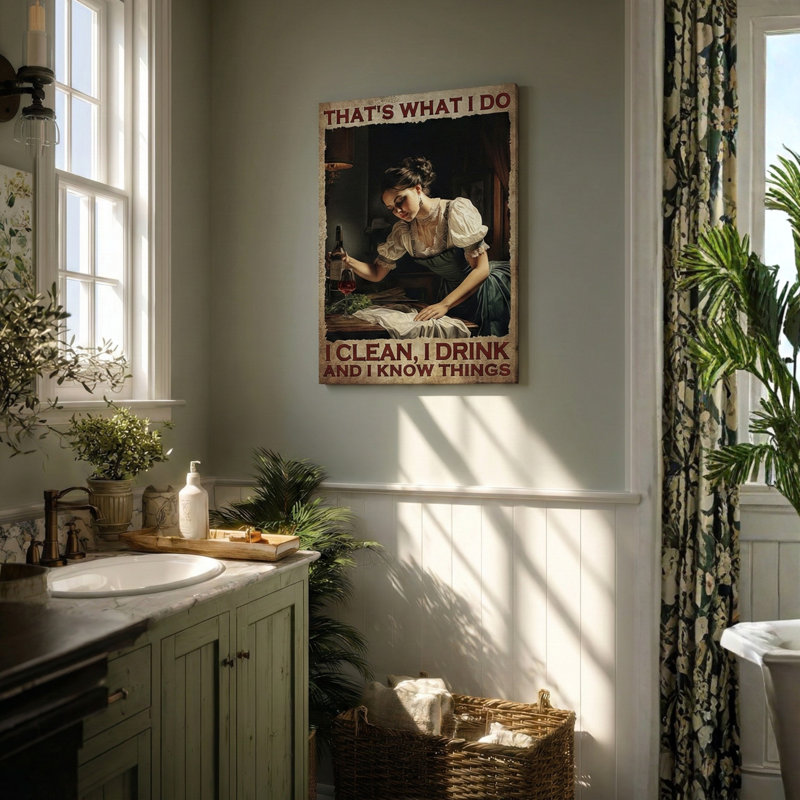 Fille - I Clean, I Drink Gallery - toile tendue - salle de bain et buanderie, décor blanc et bleu, H 14 po x l 11 po x P 2 po
