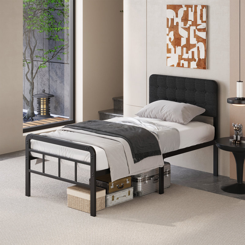 16 Inch Bed Frame with Black Upholstered Headboard and Metal Footboard, Twin