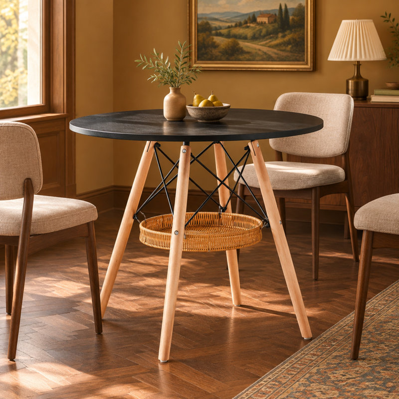 Table de salle à manger ronde moderne en bois massif de 80 cm (31,5 po), couleur noyer, avec rangement