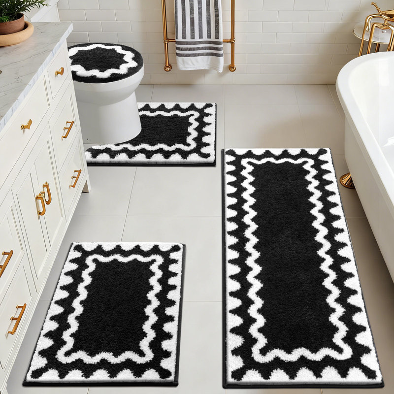 Tapis de bain absorbants et antidérapants lavables (ensemble de 4), Noir géométrique