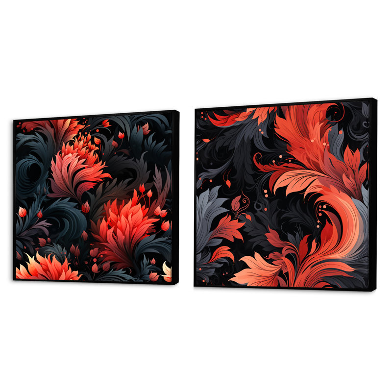 Creger - Ensemble de 2 collages carrés botaniques abstraits, Cadre flottant noir, H 16 po x l 33 po