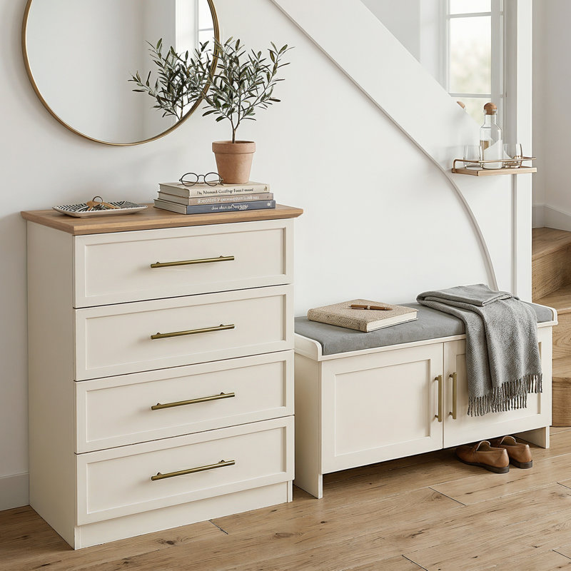 Hallway Shoe Storage Bench With 4 Drawer Dresser Living or Bedroom Set, Ivory