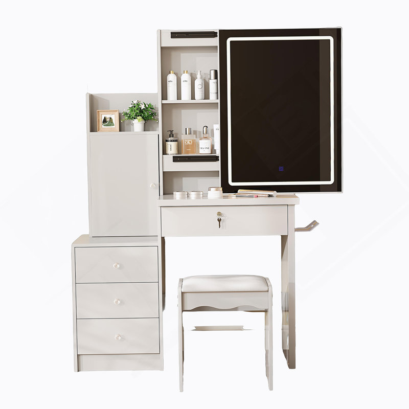 Vanity Desk Set With Sliding Lighted Mirror, Makeup Dressing Table With 4 Drawers & 9 Storage Spaces, Hidden Compartments And Cushioned Stool, White Beauty Furniture For Bedroom