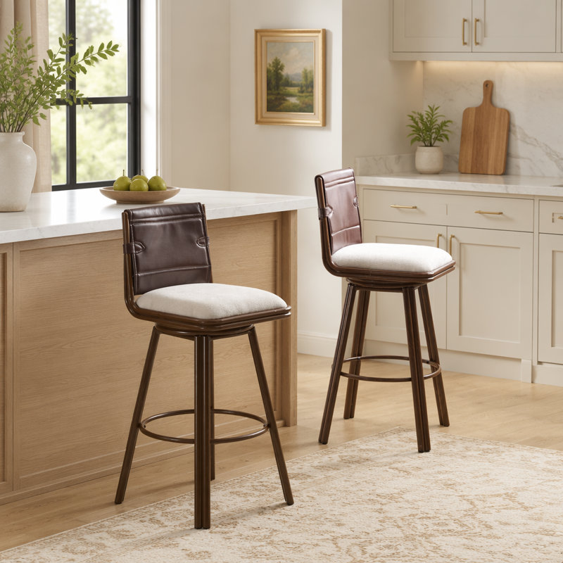 Tabouret de bar d'intérieur pivotant avec structure en métal, finition noyer et revêtement beige, ensemble de 2, parfait pour les bars et les cuisines