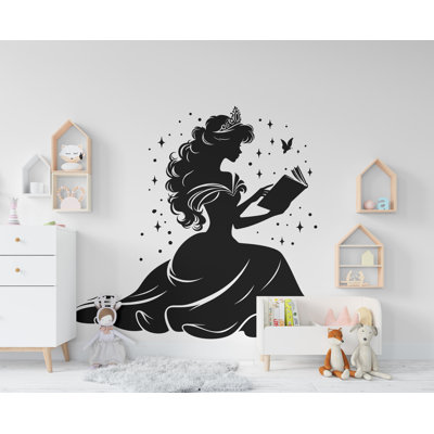 Adhésif décoratif princesse lisant un livre, lecture de livres, autocollant mural en vinyle, autocollants d'art pour intérieurs, écoles, salles de classe, bibliothèques