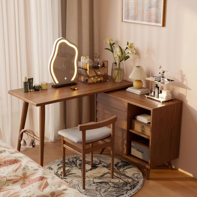 Brown Rectangular Left-right Installable Solid Wood Rubberwood Expandable Writing Desk,3-drawer
