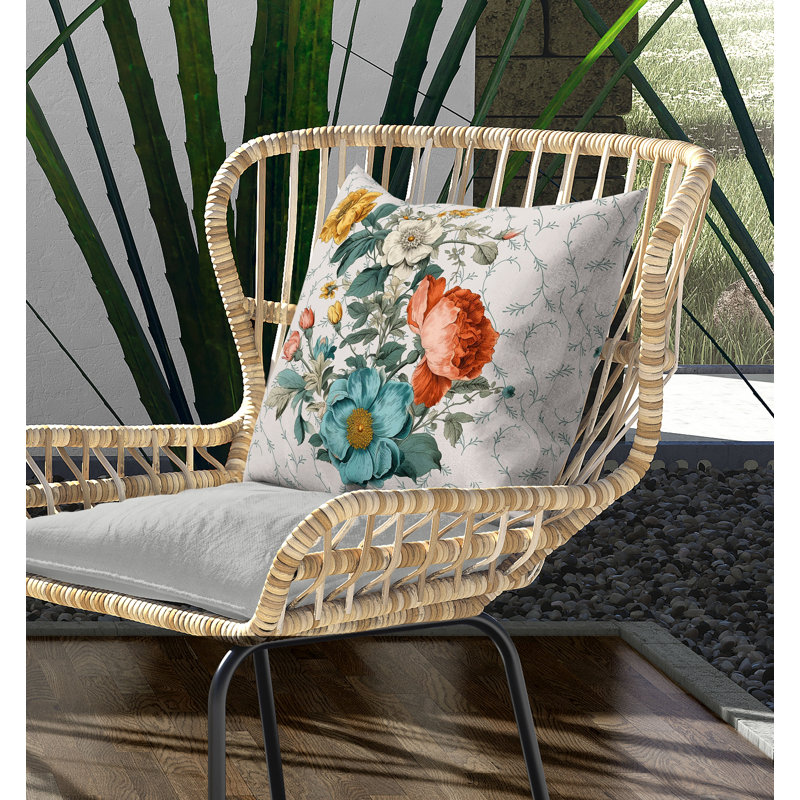Coussin en toile fleurie, H 26 po x l 26 po, Sarcelle / orange