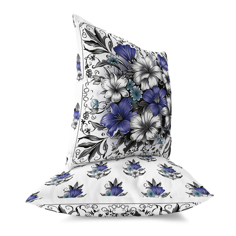 Coussin décoratif intérieur / extérieur Hibiscus Haven, H 20 po x l 20 po, Bleu/gris