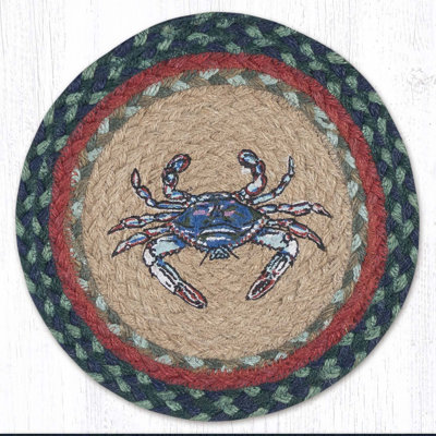  Round Trivet – Blue Crab Printed Coastal Design, 10"x10", Braided Natural Jute