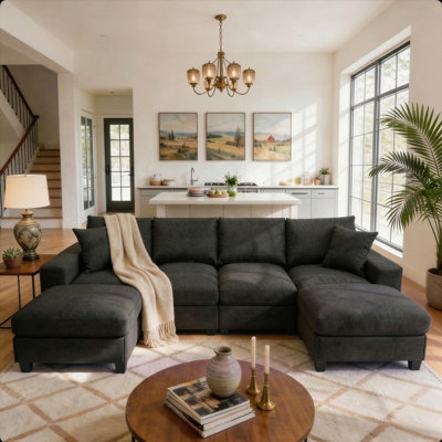 134" Modern Minimalist Oversized U-Shaped Sectional Sofa with 2 Ottomans & Toss Pillows, 6-Seat Linen Upholstered Modular Couch,Large Family Space (Charcoal Black)
