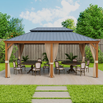 12x18FT Outdoor Hardtop Gazebo With Galvanized Steel Double Roof, Wood Grain Aluminum Frame