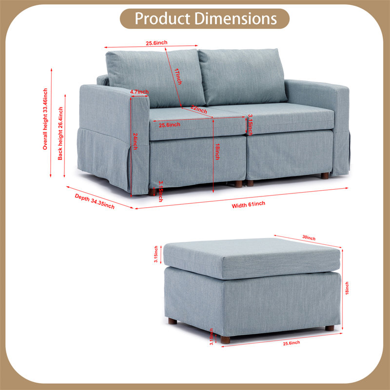 Canapé modulaire 4 pièces Demichael, 100 % lin bleu clair