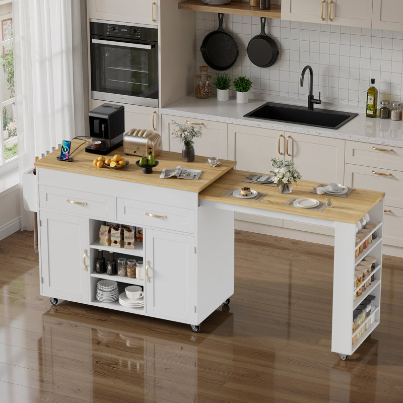 Extendable Kitchen Island With Power Outlet, Rolling Mobile Kitchen Cart With Storage | Includes Drawers, Cabinet, Spice Rack, Towel Rack, Locking Casters