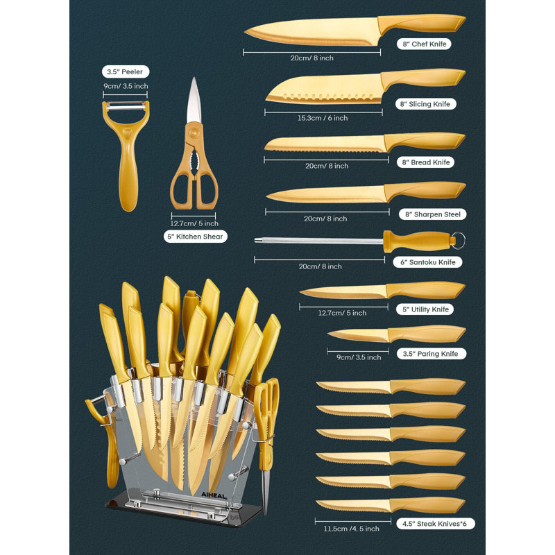MARLIN MANUFACTURING COMPANY, INCORPORATED Knife Set, 16 Pieces High Carbon Stainless Steel Golden Color Kitchen Knife Set, Titanium Coating Blade, No Rust And Super Sharp Cutlery Knife Set With Acrylic Stand And Kitchen Scissors, Gift