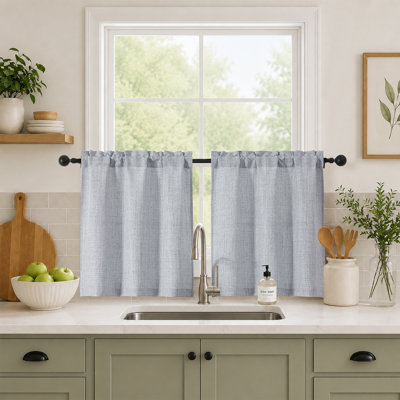 Grey Kitchen Curtains Over Sink 24 Inch Length 2 Panels Set, Light Filtering Textured Short Cafe Curtains for Bathroom Windows, Small Curtain for Cabinet Basement RV Camper, 30" W by 24" L