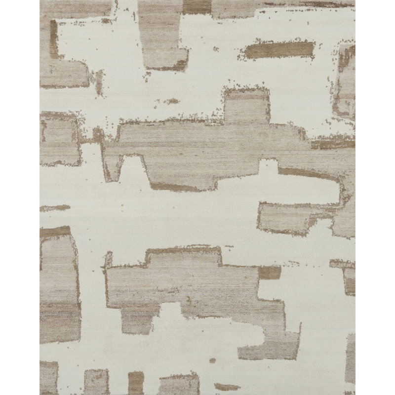 High-Quality Hand-Knotted Ivory And Brown Area Rug, Rectangle 5' x 8'
