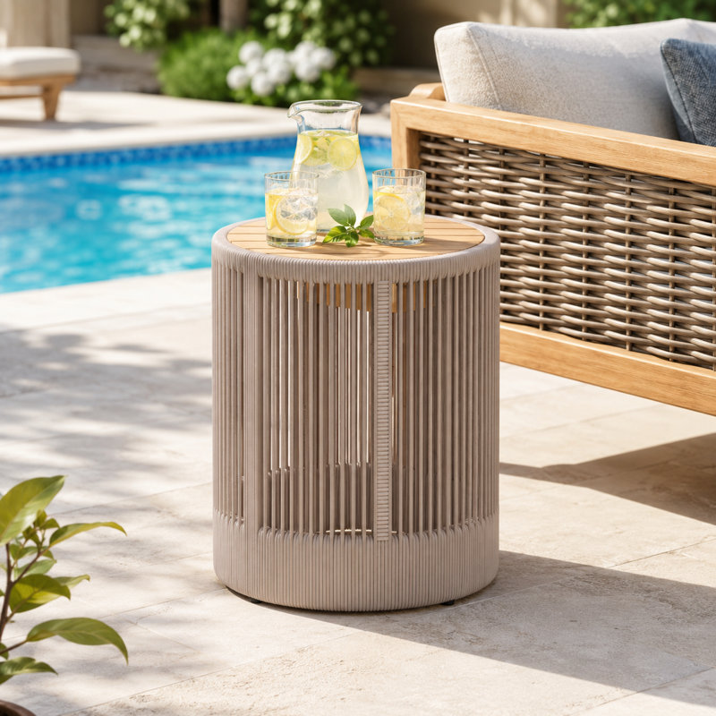 Table d'appoint d'extérieur ronde en bois massif avec base en corde, Beige