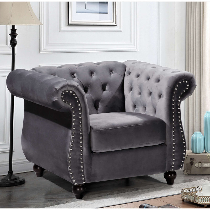 Fauteuil d'appoint Chesterfield, Velours gris velours, L 40,63 po