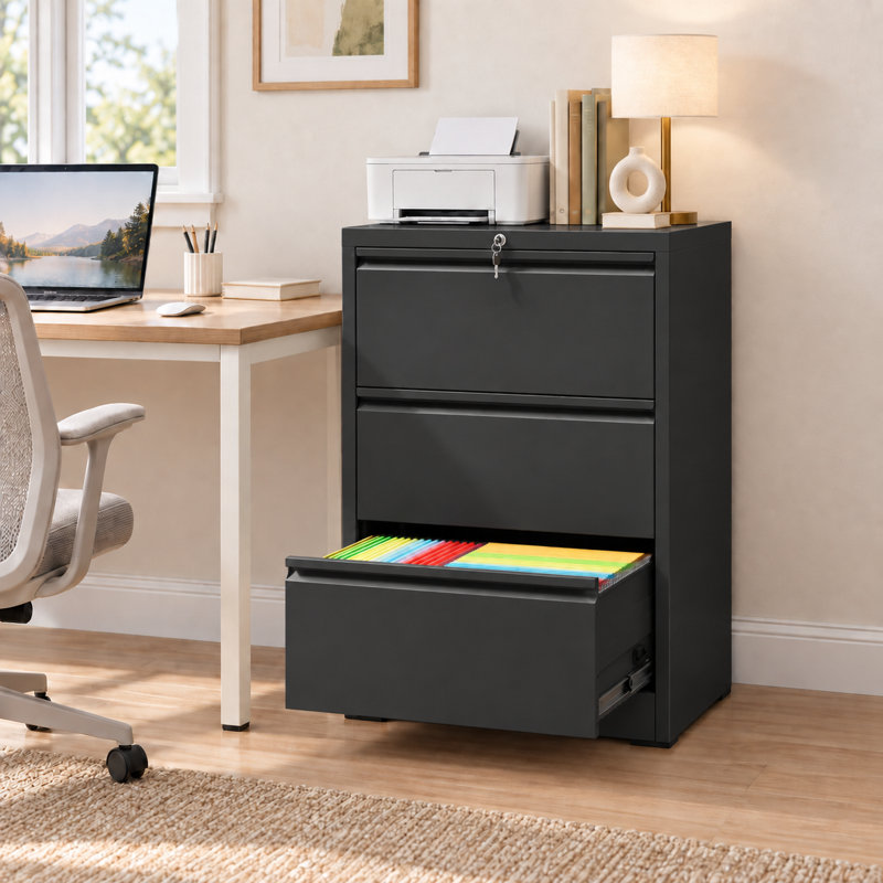 Classeur latéral Bizoe à 3 tiroirs avec serrure, noir, charge maximale de 45 kg, glissières à billes à extension complète, système de verrouillage arrière anti-basculement, classeur métallique pour bureau à domicile, compatible avec les dossiers suspendus aux formats Lettre, Légal, A4 et F4.