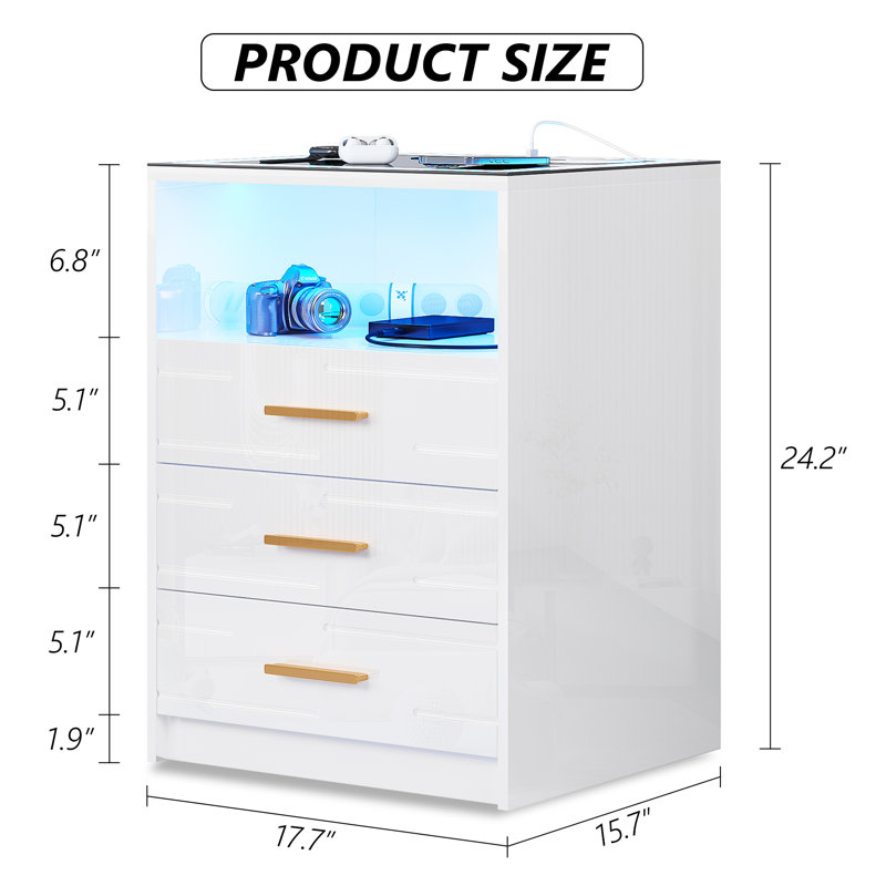 Keffer Knepp LED Nightstand with Wireless Charging Station & Touch Screen, White