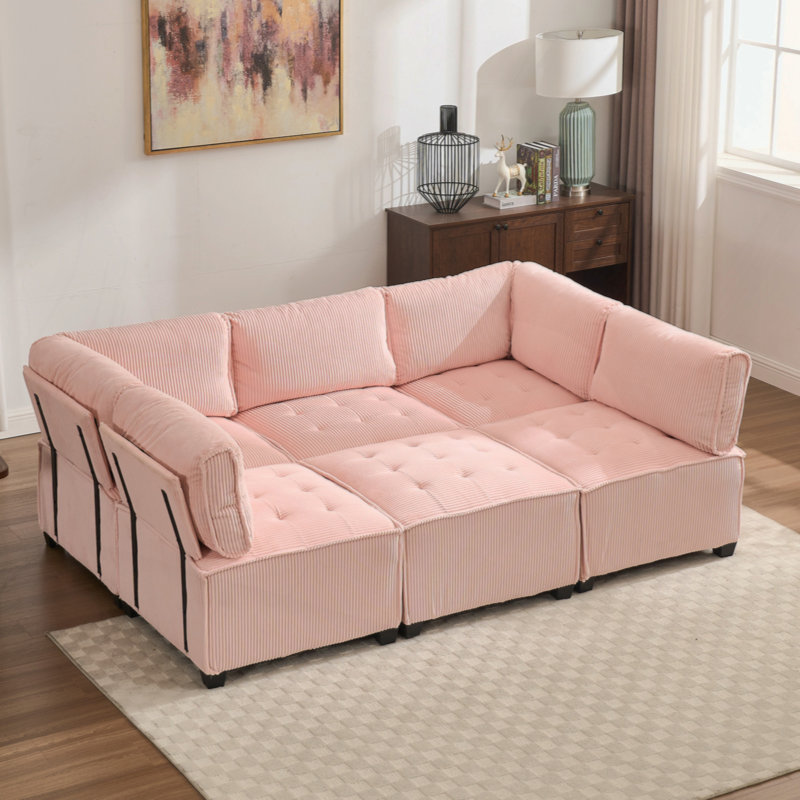 Canapé modulaire en U avec repose-pieds réversible, Velours côtelé rose