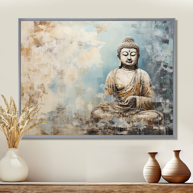 Statue simple bouddhisme - Art mural bouddhisme, H 34 po x l 44 po x P 1,5 po, Encadrement argenté
