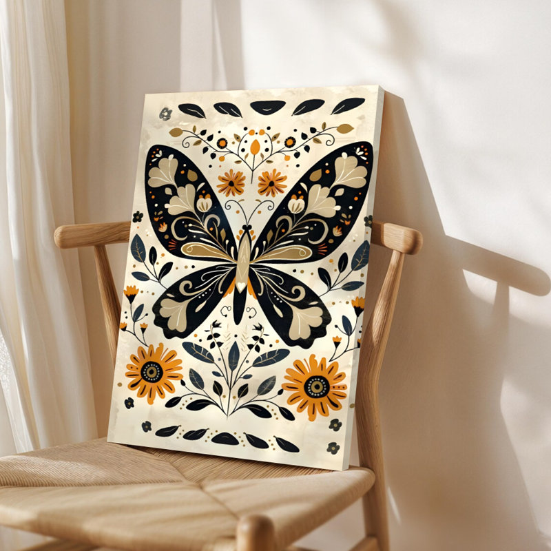Papillon orné de motifs floraux, design complexe, style art populaire. Art mural encadré en toile - Cadre en bois massif de 24 po x 36 po et 1 po d'épaisseur pour le salon ou la chambre à coucher