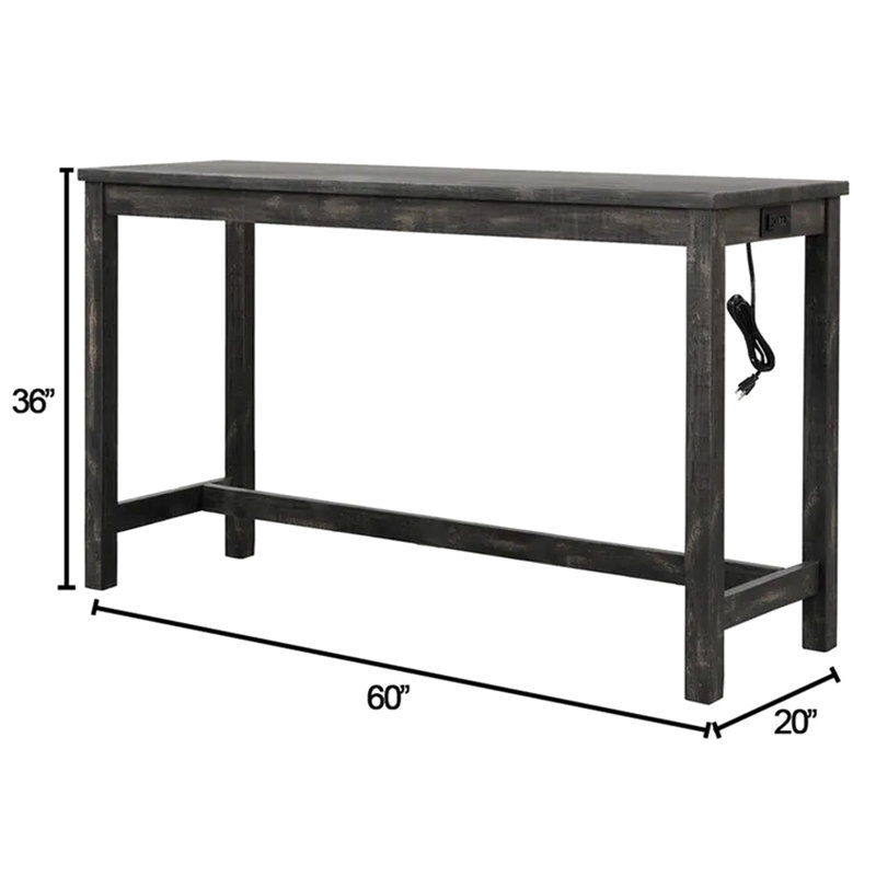 Table de salle à manger 3 pièces pour comptoir - table en bois massif avec prises électriques et ports, sièges, noir anthracite, look rustique et transitionnel, table de 60 pouces, sièges 2, rectangulaire, style design, 2