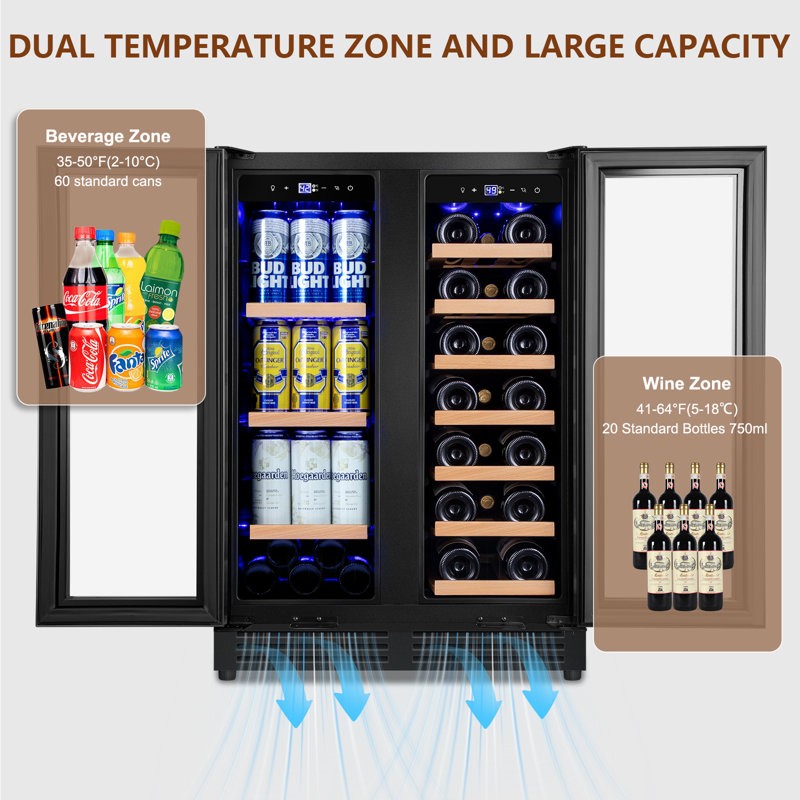 24" Dual Zone 20-Bottle 60-Can Wine & Beverage Refrigerator Built-In/Freestanding Glass Door Classic Cooler with 4 Door Handles,Blue LED and Adjustable Shelves