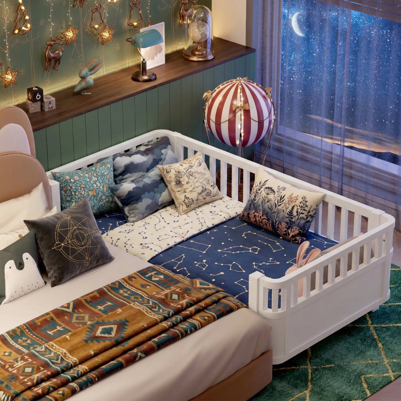 78.4" Twin Size Wood Platform Bed For Kids - Low Profile Montessori Floor Bed With Removable Rails - Child-Safe Rounded Corners - White