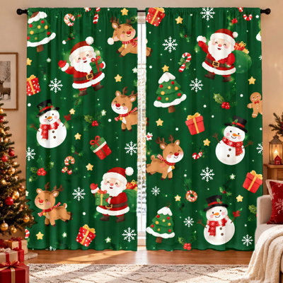 Ensemble de 2 rideaux de Noël à motifs Père Noël, bonhomme de neige et rennes, en tissu occultant, préservant votre intimité, avec œillets pour tringle, lavables à la machine, parfaits pour le salon, la chambre, la chambre d'enfant, et pour une décoration festive et chaleureuse pendant les fêtes.