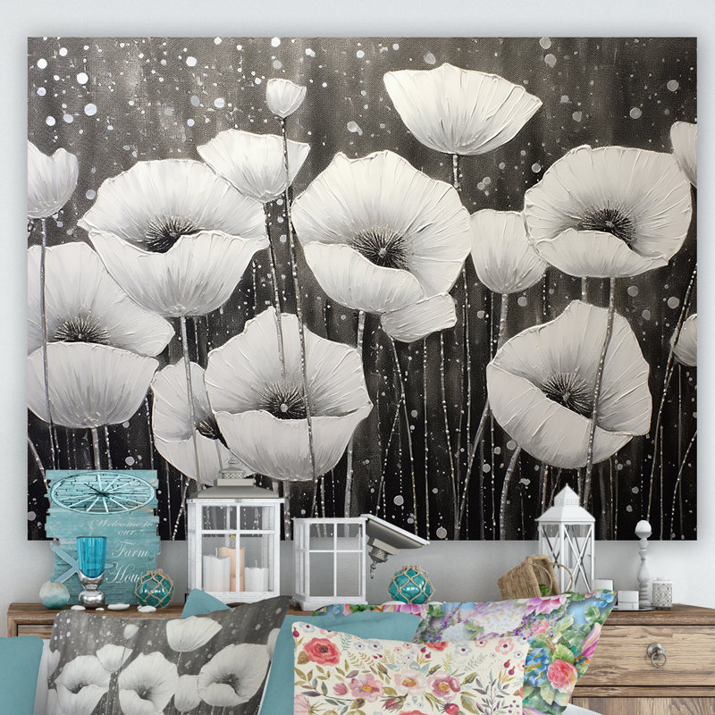 Coquelicots gris argent sérénité, Toile tendue, H 12 po x l 20 po x P 1 po