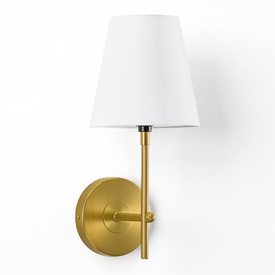 1-Light Brushed Brass Plug-In Hardwired Wall Lamp with Fabric Shade