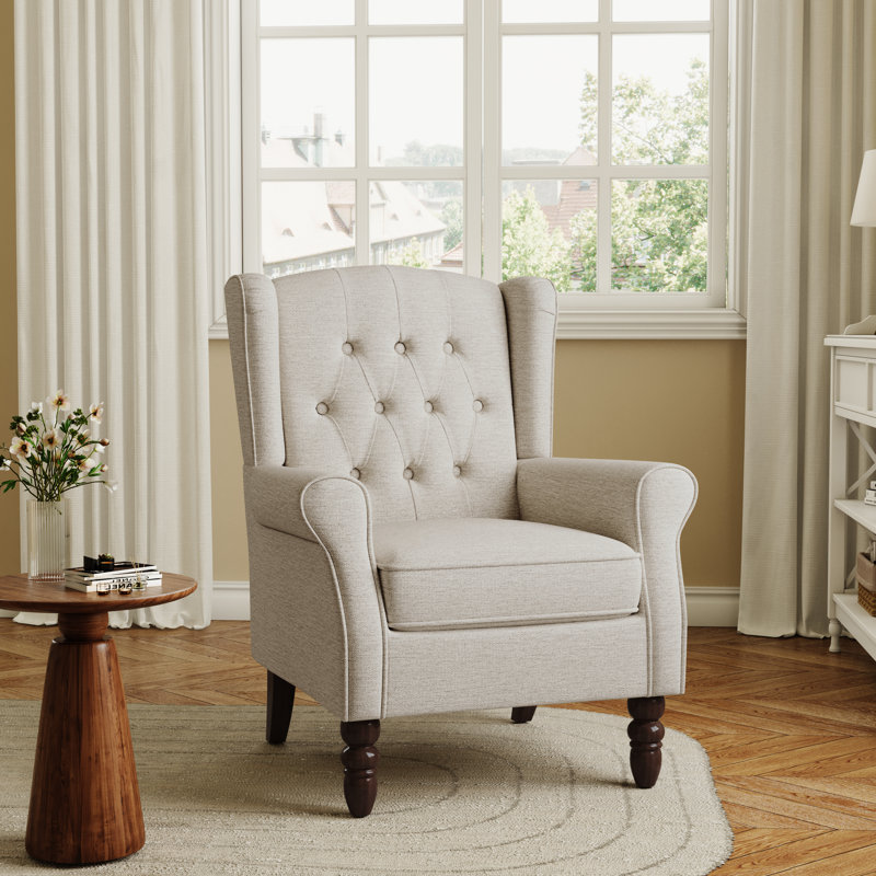 Duward 74Cm Wide Tufted Wingback Armchair with Solid Wood Legs, Beige Polyester Blend