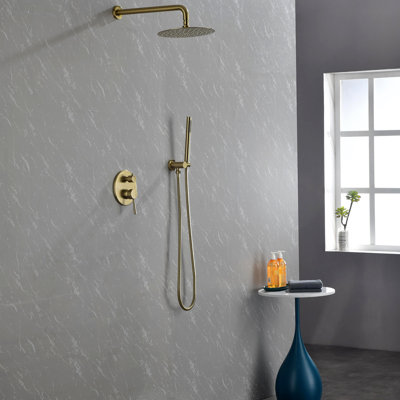 Système de douche, ensemble de robinet de douche mural pour salle de bain avec pomme de douche à pluie haute pression, ensemble de soupape de douche à pression équilibrée 2 voies, or brossé