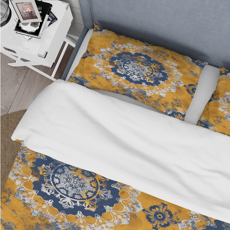 Ensemble de housse de couette bleu doré jaune d'inspiration bohémienne - fleurs de style Mid-Century