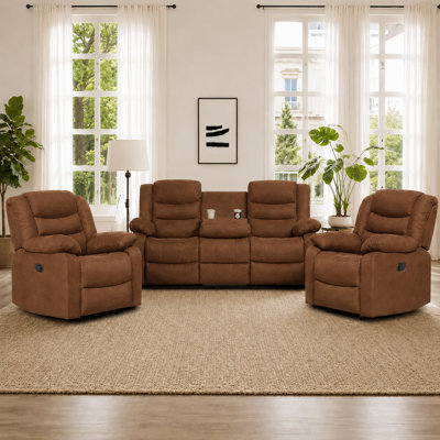 Ensemble de salon en suède avec porte-gobelets 3 pièces, deux fauteuils inclinables manuels et un canapé inclinable.