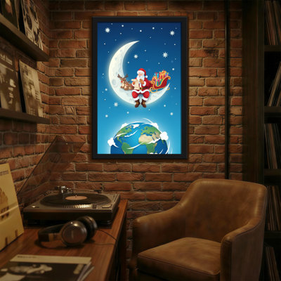 Père Noël sur la lune avec la terre en dessous