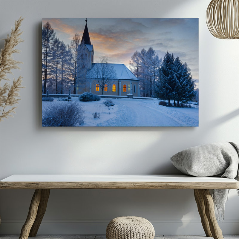 Toile, une pittoresque église recouverte de neige se tient sereinement en hiver, paysage d'art mural entouré de grands arbres dénudés sur toile blanche