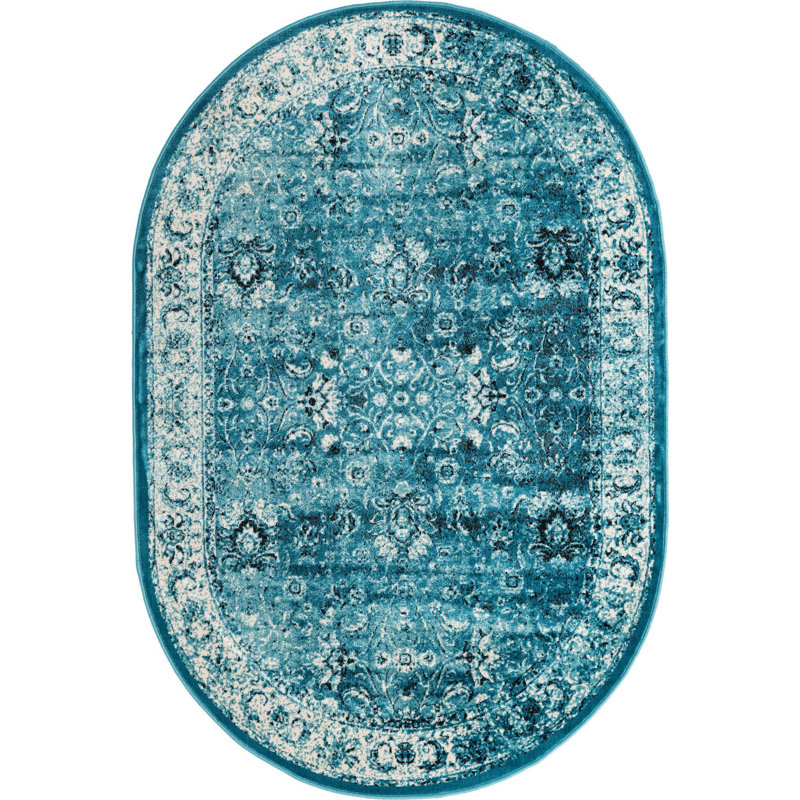 Tapis oriental bleu-vert, Ovale 5 pi 3 po x 8 pi
