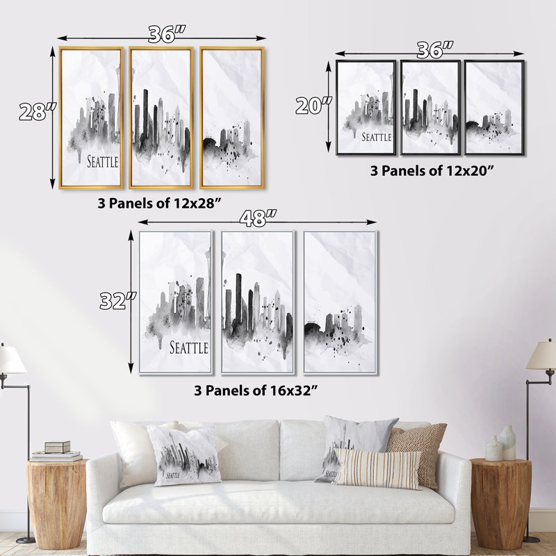«Seattle Black Silhouette - Cityscape», ensemble d'art mural sur toile, H 32 po x l 48 po x P 1 po, Cadre blanc