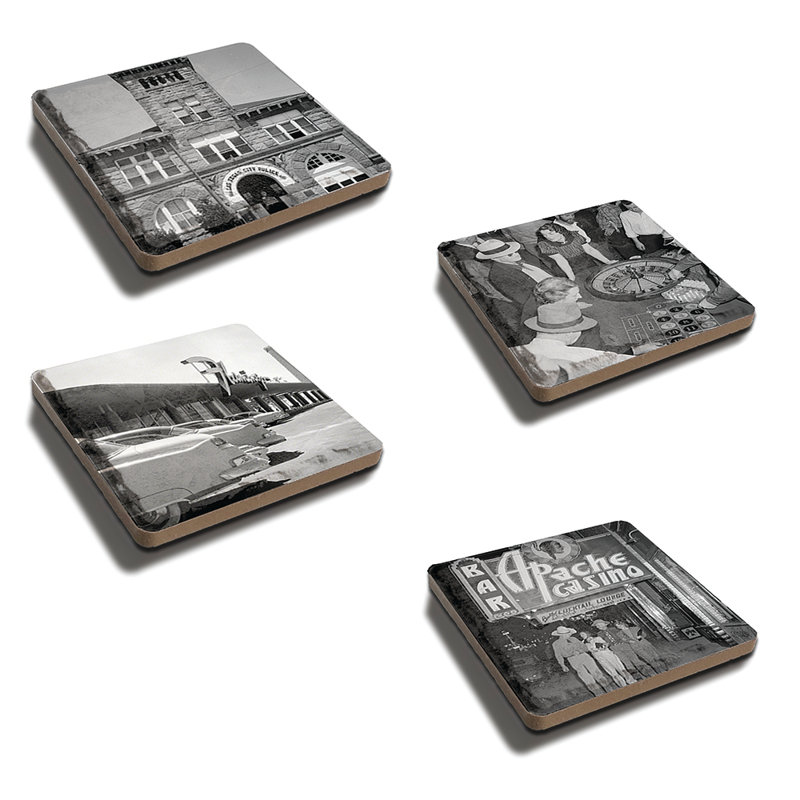 Historic Las Vegas Stoneware Agate Ceramic Jute Leather Crystal Square Round 4 Piece Coaster Set