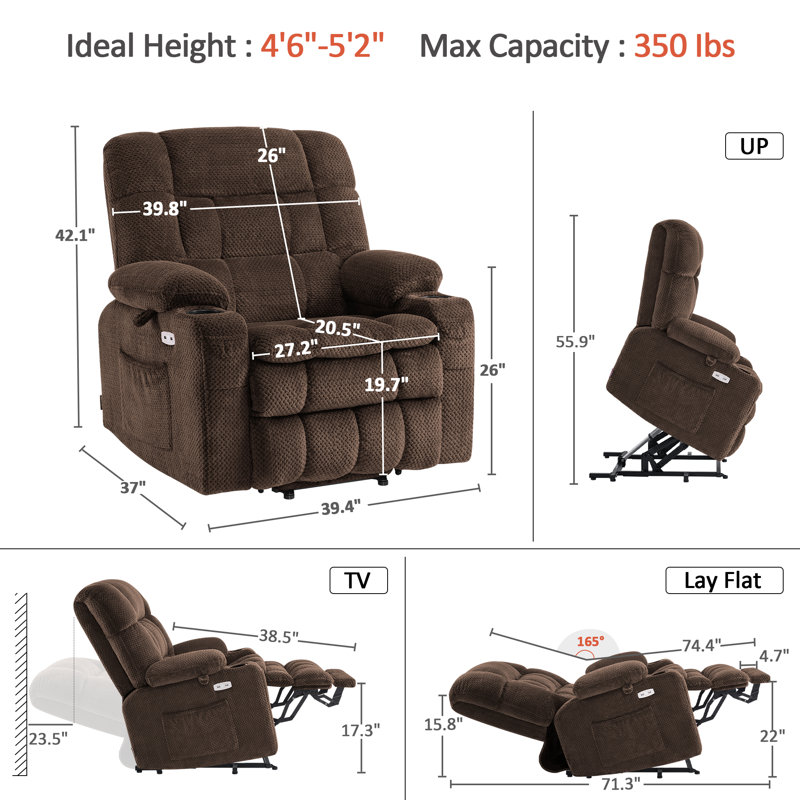 Small Dual Motor Power Recliner Lift Chair Infinite Position, Heat and Vibration Massage, Fabric, Coffee