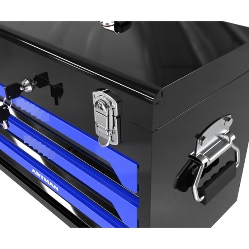 Rangement portatif pour 3 outils en acier avec glissière à roulement, dispositif verrouillable à clé, plateau supérieur, poignée de transport, pour le garage, la maison, la zone de travail, trousse à outils noire et bleue de 20 po, fonctionnalité de verrouillage, bac, transport