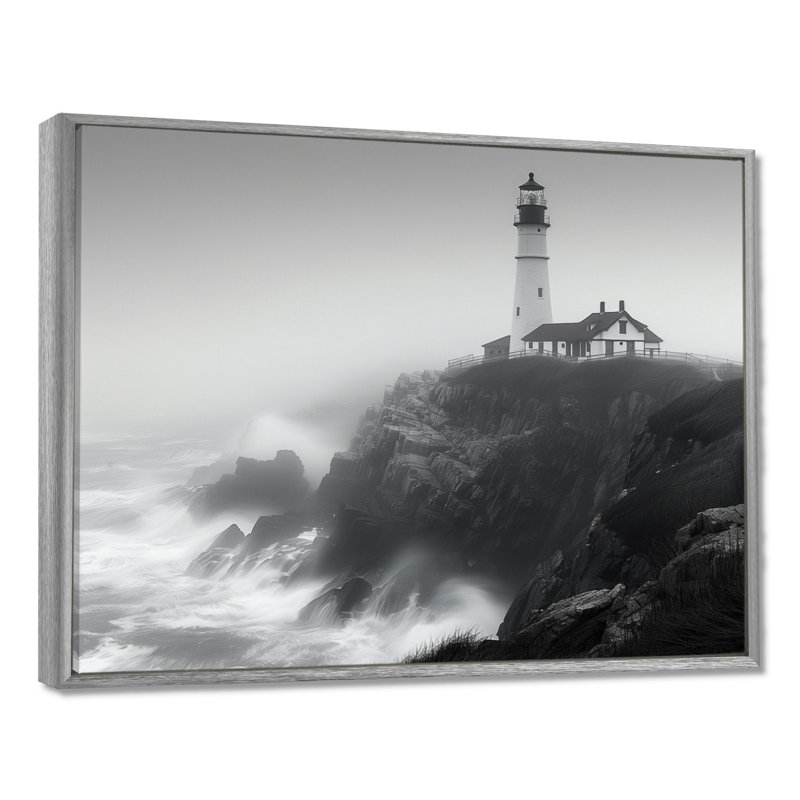 Phare monochrome brouillard d'hiver Cliff II - phares, art mural, H 30 po x l 40 po, Encadrement argenté