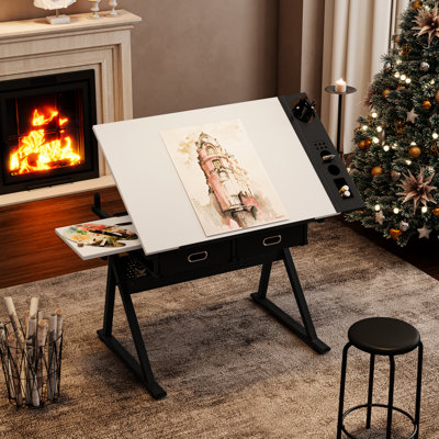 Adjustable Drafting Table Desk With 2 Drawers For Home Office, White, Tiltable Desktop Up To 75 Degrees, Non - Woven Drawers, Metal Storage On Side, Legs Uneven Ground, Stool Included